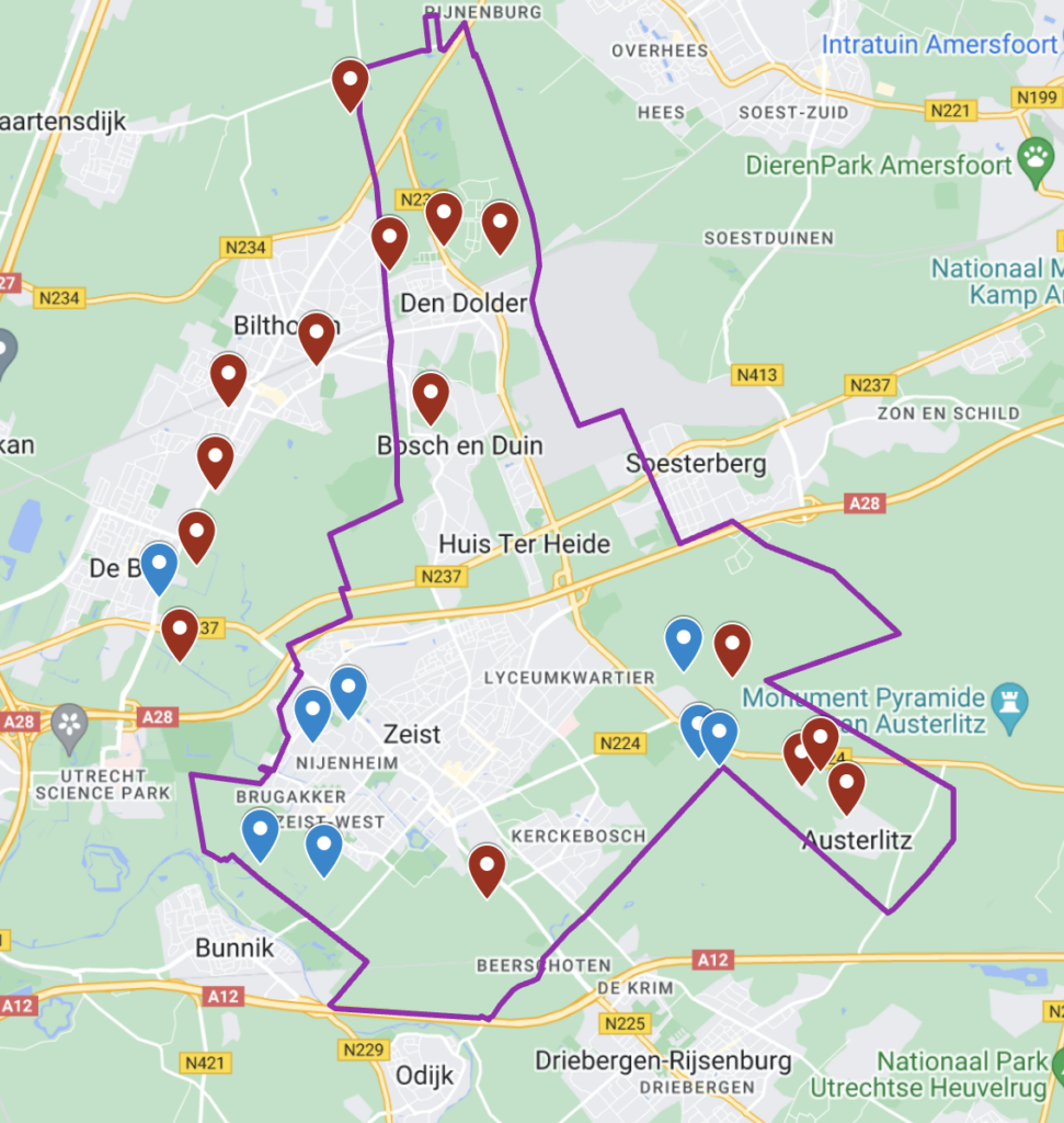 Locatie van crashes van Geallieerde en Duitse toestellen in de tweede wereldoorlog in Zeist.